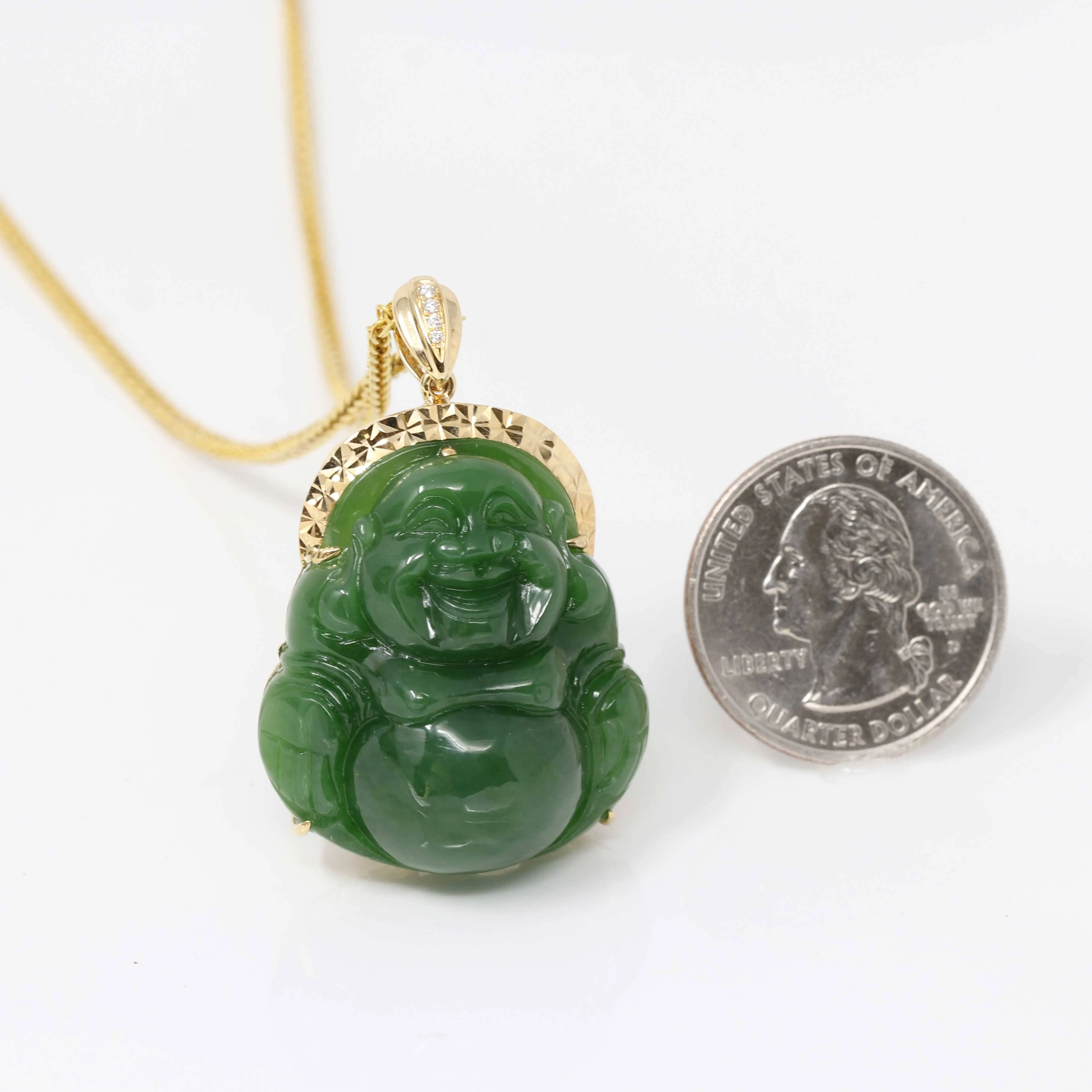 Baikalla™ "Laughing Buddha" 18k Yellow Gold Genuine Nephrite Green Jade with Diamonds Buddha Pendant Necklace High-end Collectable