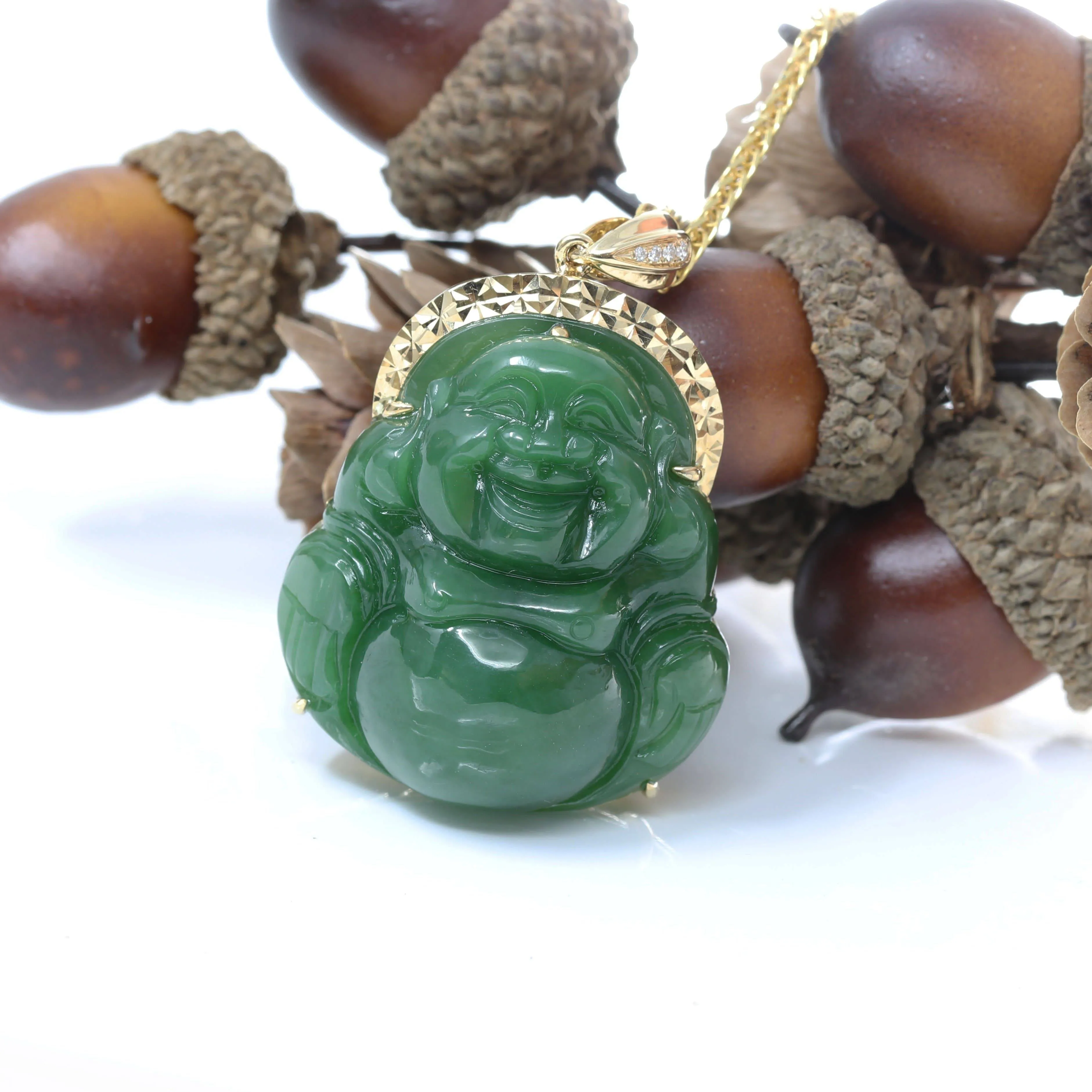 Baikalla™ "Laughing Buddha" 18k Yellow Gold Genuine Nephrite Green Jade with Diamonds Buddha Pendant Necklace High-end Collectable