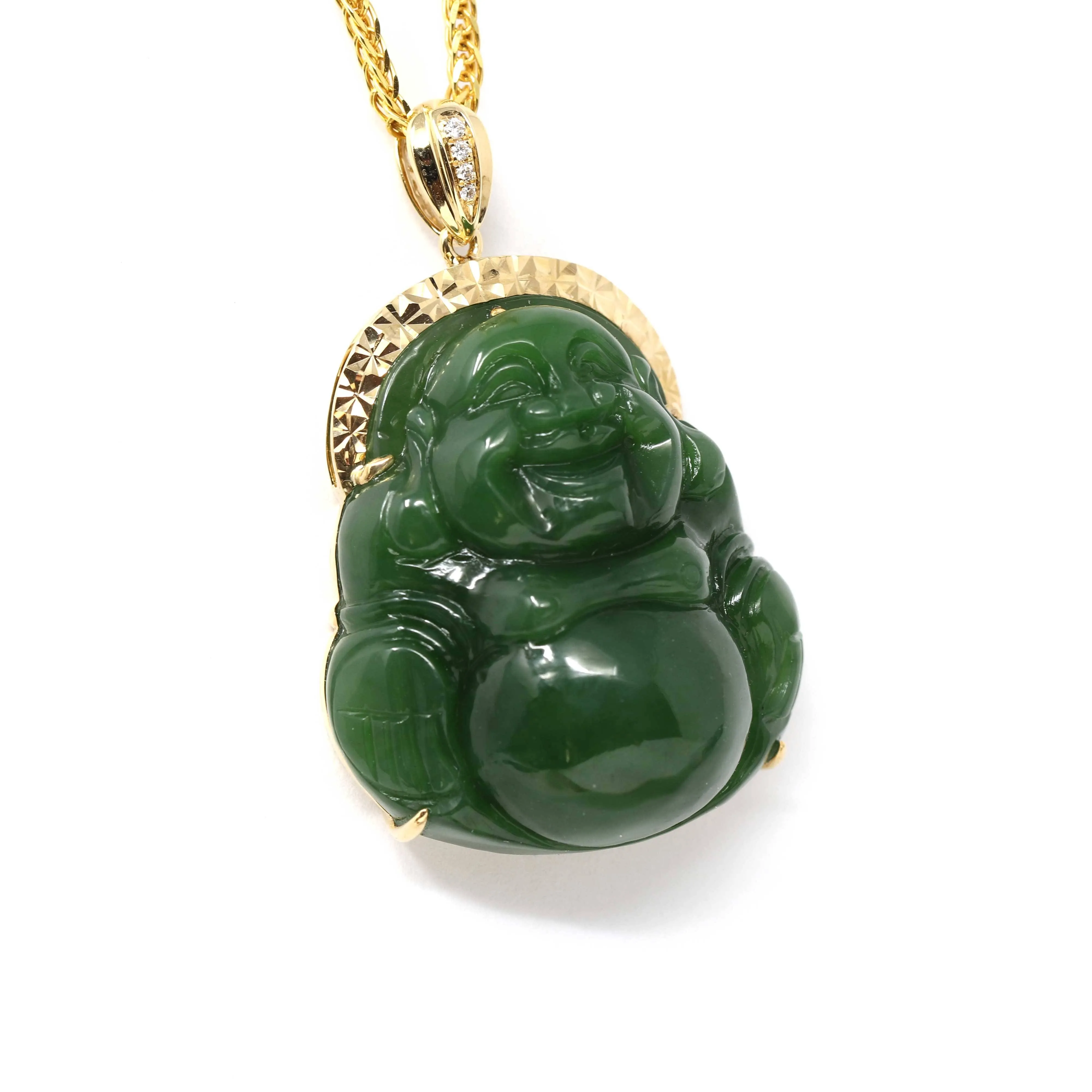 Baikalla™ "Laughing Buddha" 18k Yellow Gold Genuine Nephrite Green Jade with Diamonds Buddha Pendant Necklace High-end Collectable