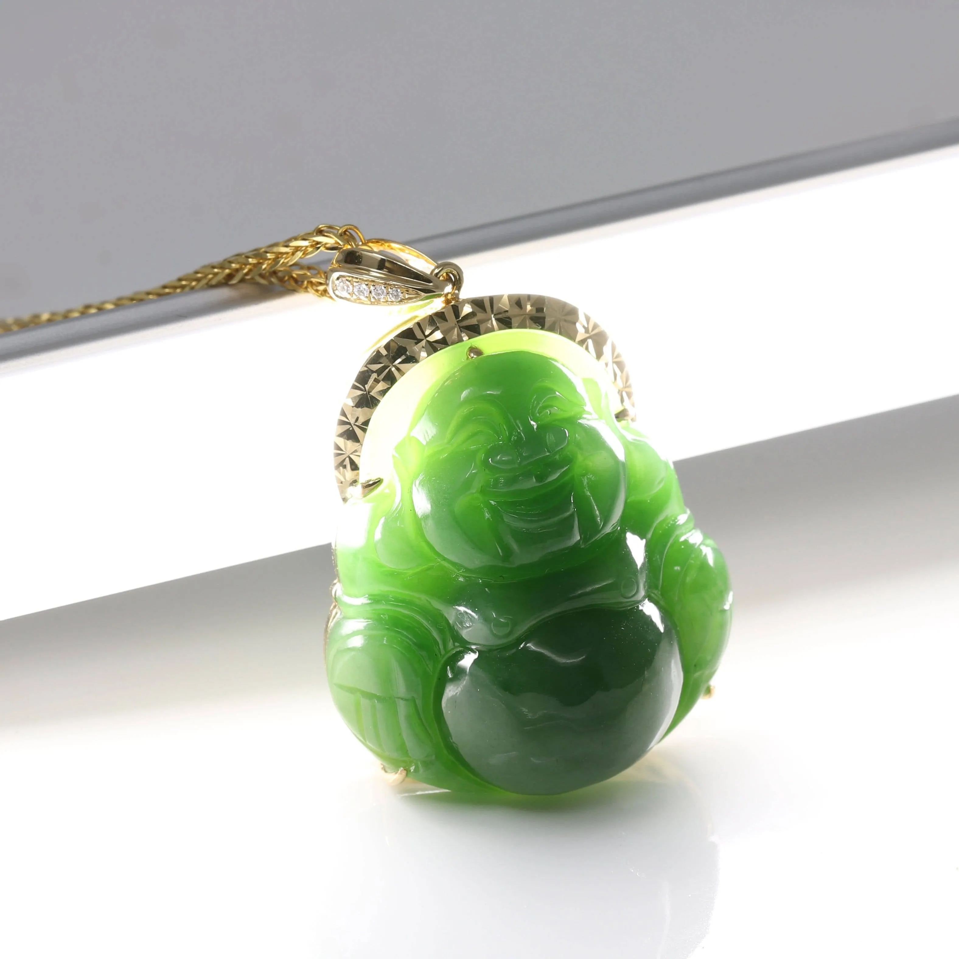 Baikalla™ "Laughing Buddha" 18k Yellow Gold Genuine Nephrite Green Jade with Diamonds Buddha Pendant Necklace High-end Collectable