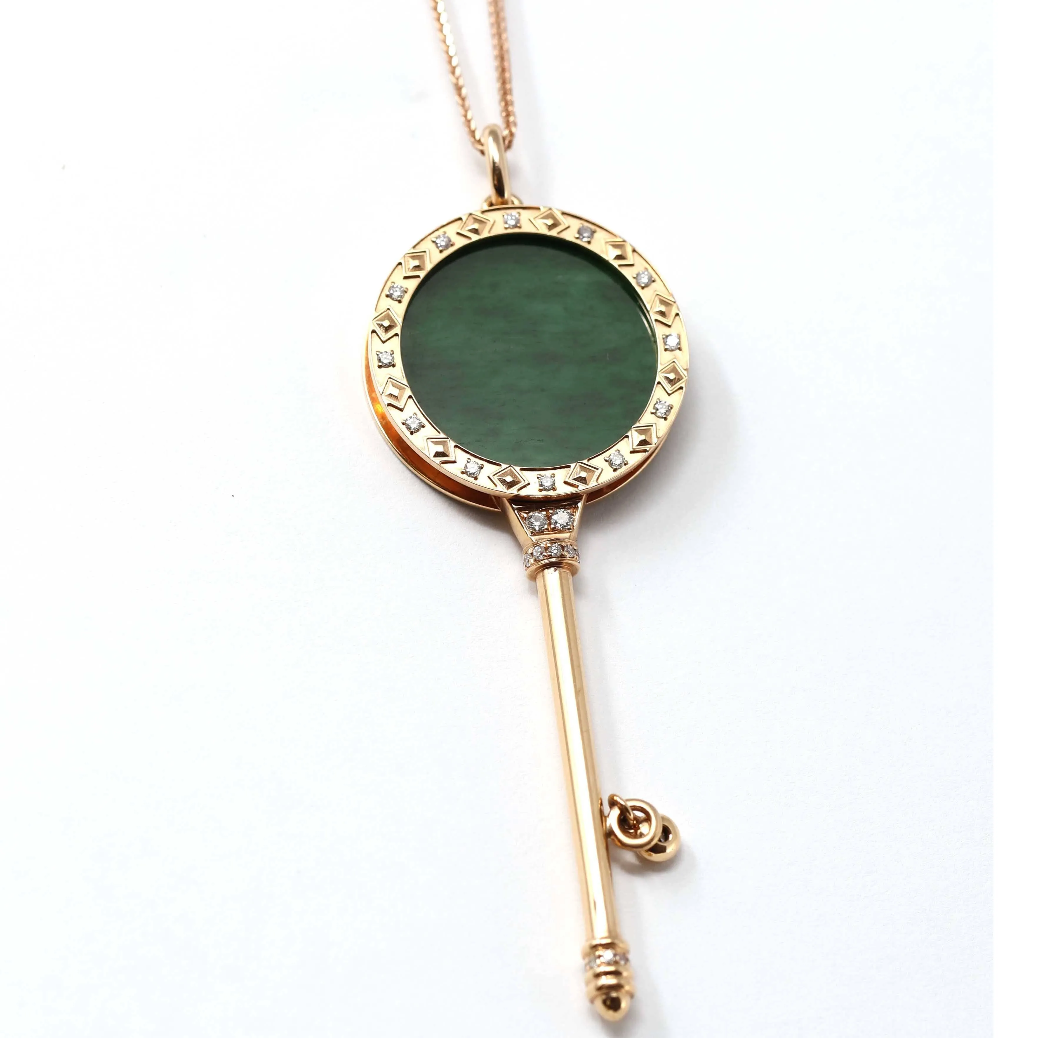 Baikalla™ "Lucky Key" 18k Rose Gold Jadeite Jade Key Pendant Necklace With Diamond