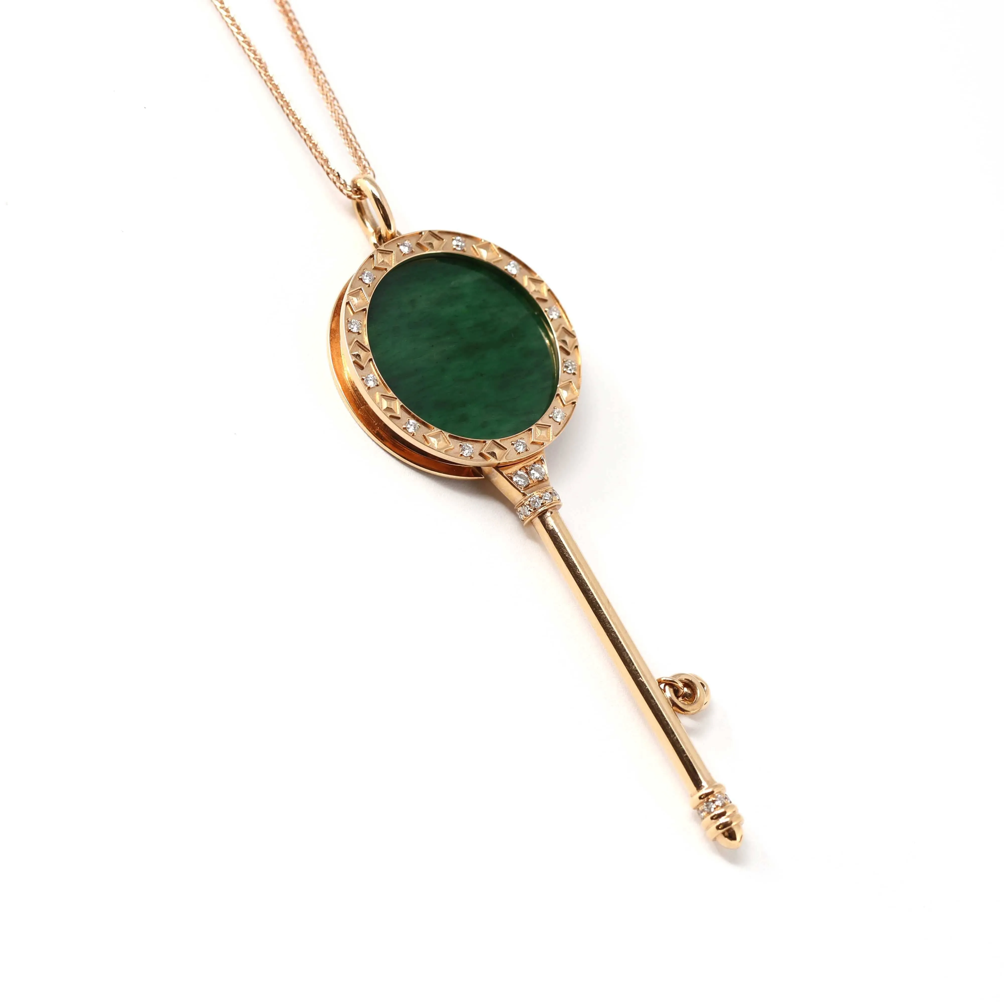 Baikalla™ "Lucky Key" 18k Rose Gold Jadeite Jade Key Pendant Necklace With Diamond
