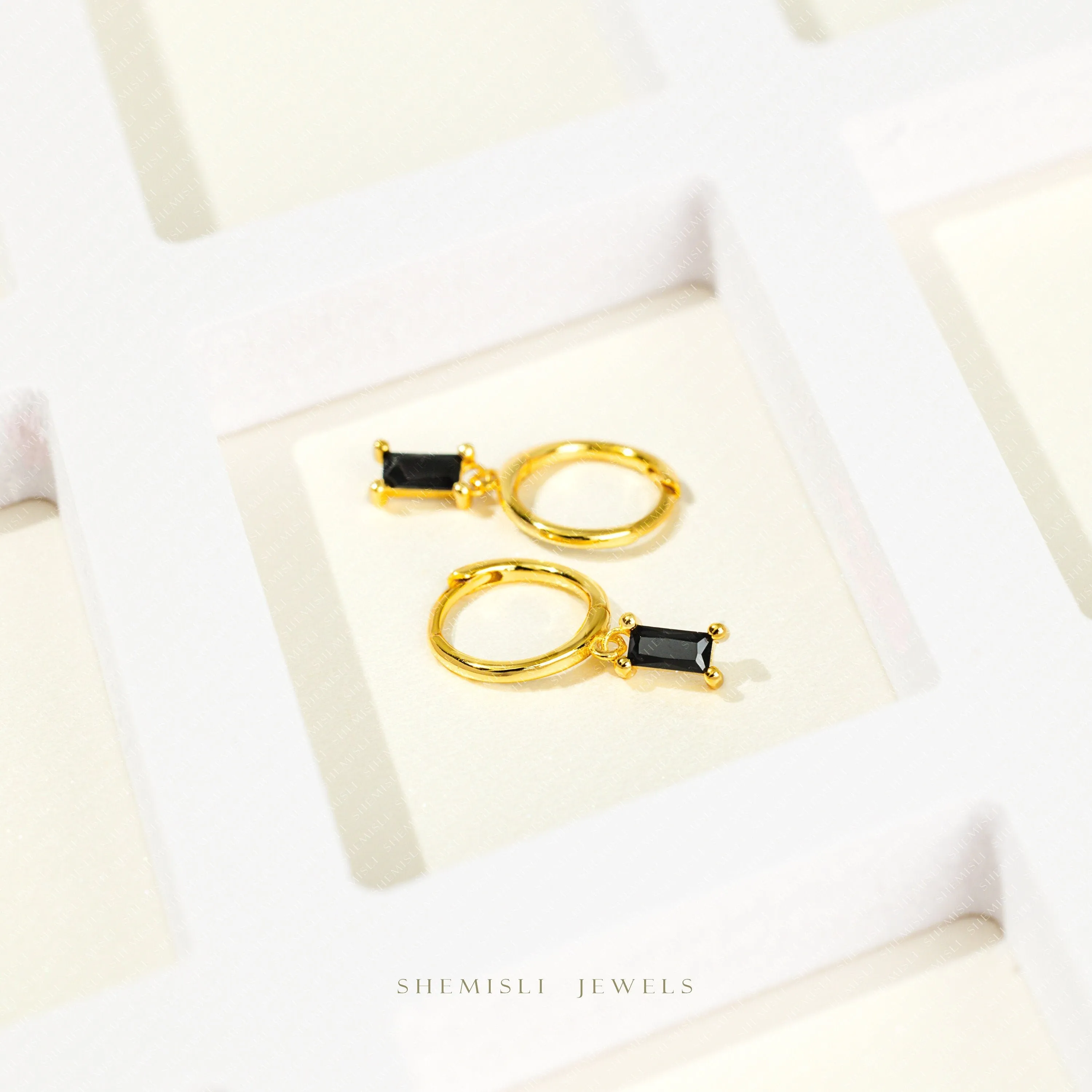 Black Baguette CZ Drop Hoop Earrings, Unisex, Gold, Silver SHEMISLI SH314