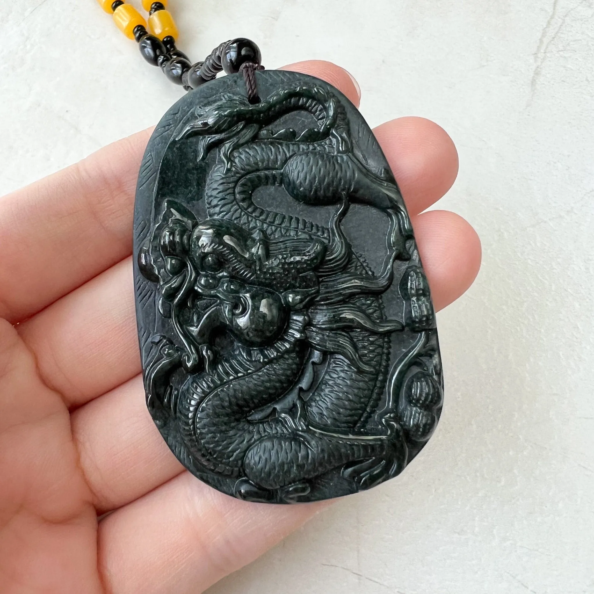 Black Jadeite Jade Omphacite Dragon Hand Carved Necklace, LGG-1221-1652974063