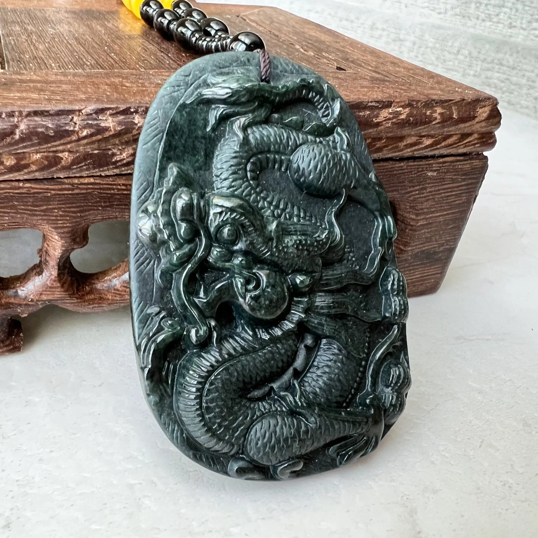 Black Jadeite Jade Omphacite Dragon Hand Carved Necklace, LGG-1221-1652974063