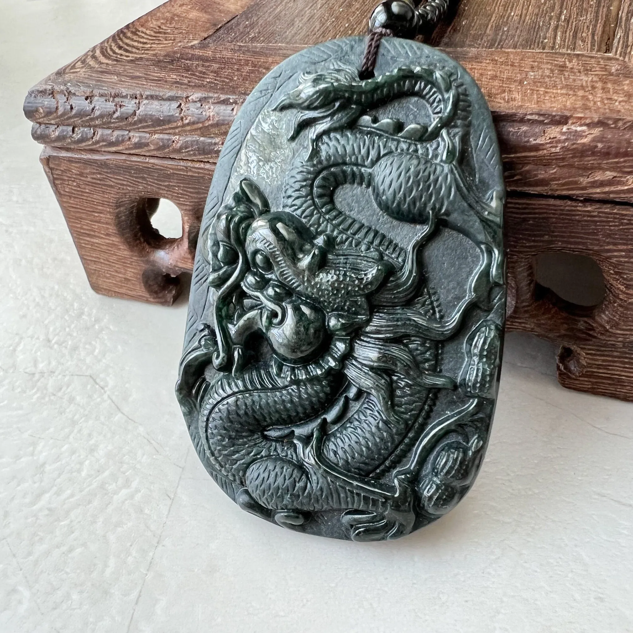 Black Jadeite Jade Omphacite Dragon Hand Carved Necklace, LGG-1221-1652974063