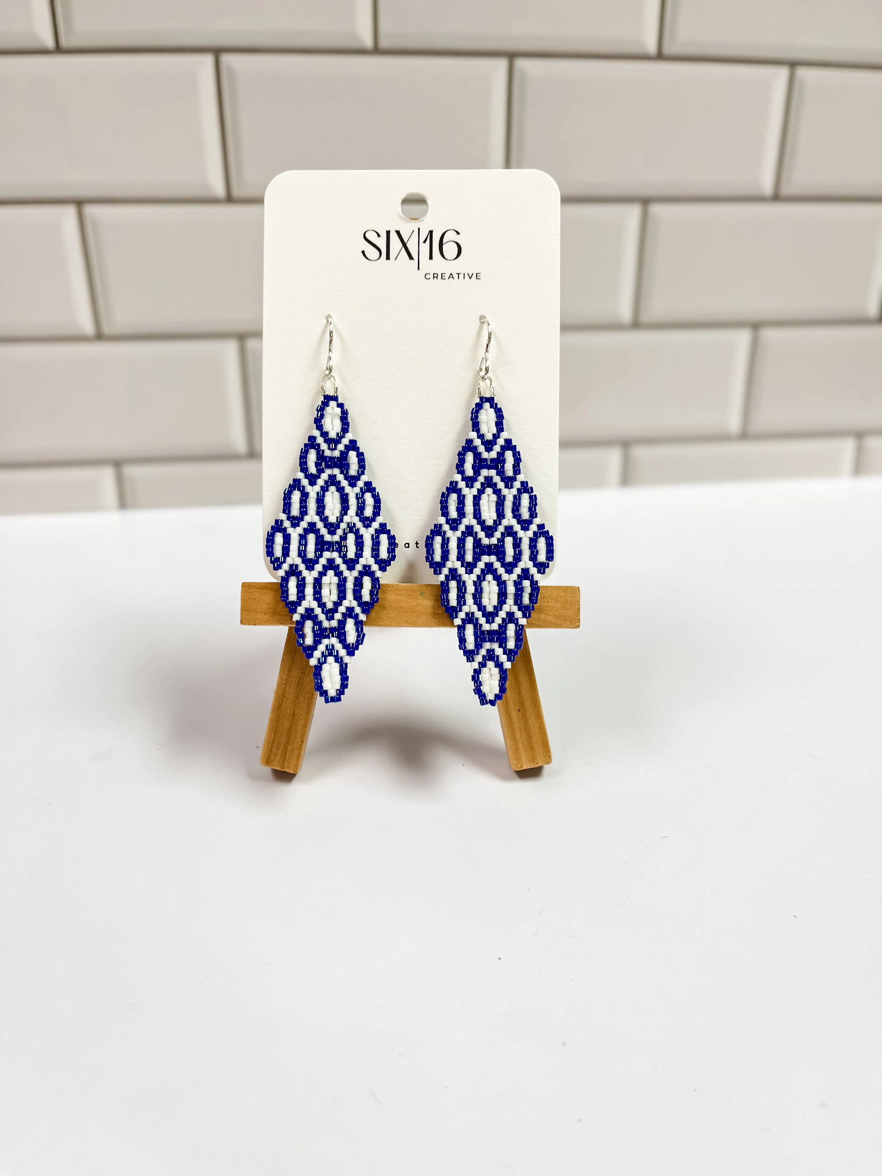 Blue and White Scalloped Diamond Beaded Earrings