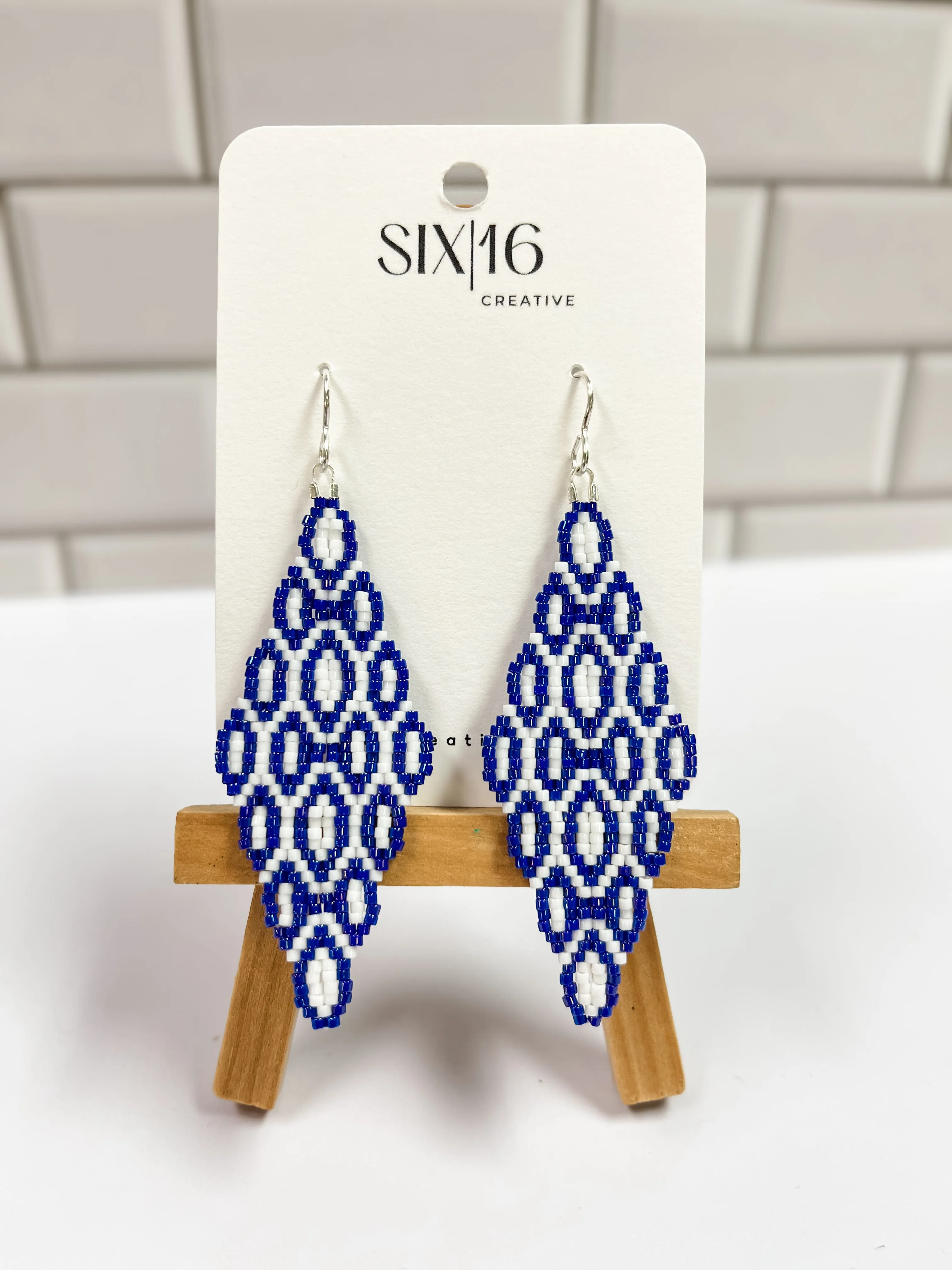 Blue and White Scalloped Diamond Beaded Earrings
