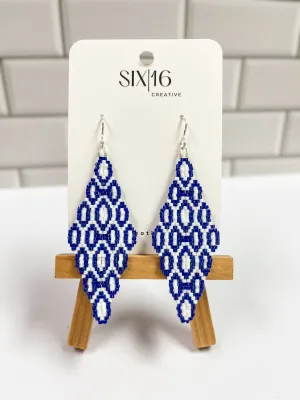 Blue and White Scalloped Diamond Beaded Earrings
