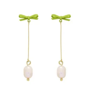 Dangle Freshwater Pearl Green Ribbon Tie Invisible Clip On Earrings