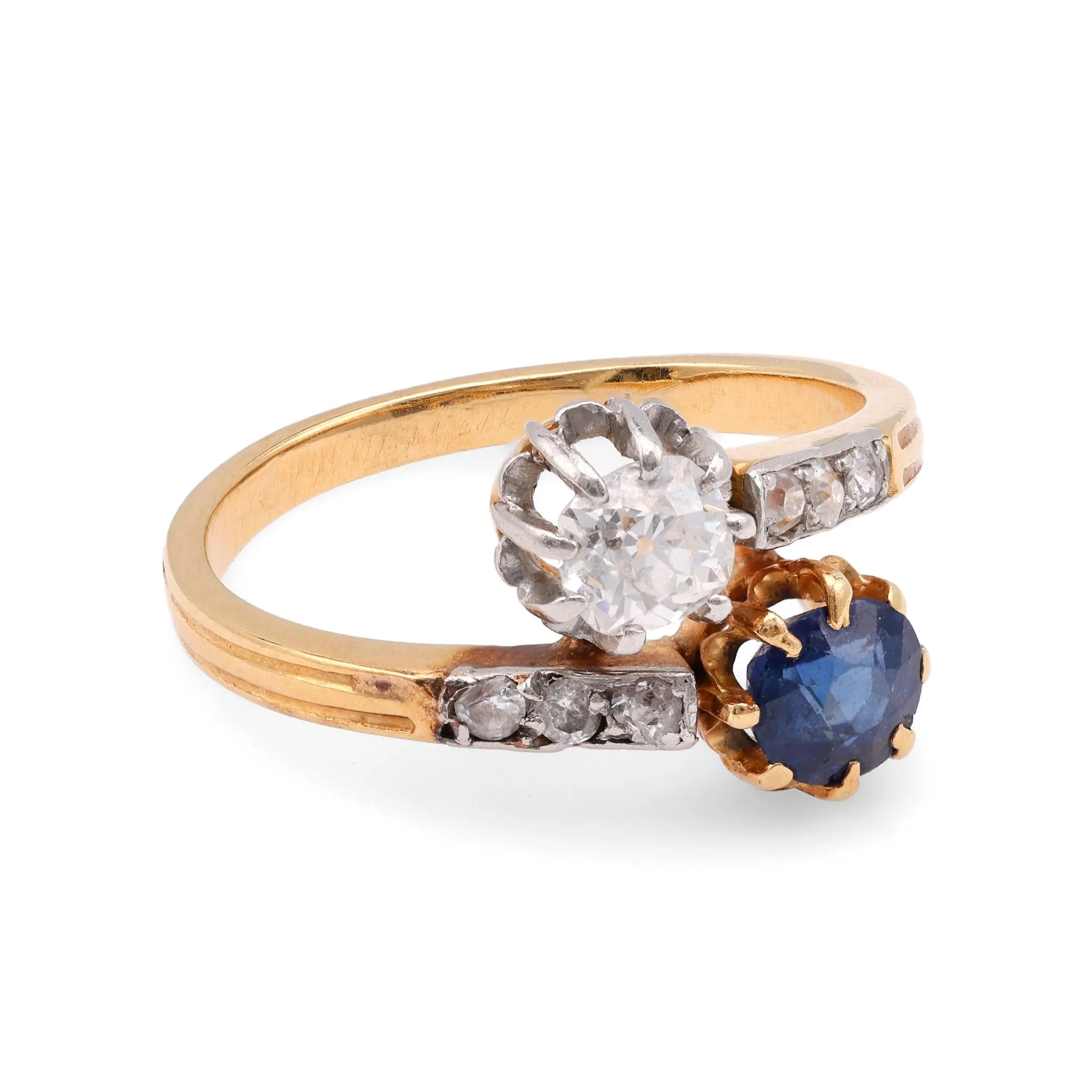 Edwardian Old Mine Cut Diamond Sapphire 18K Yellow Gold Toe Et Moi Ring