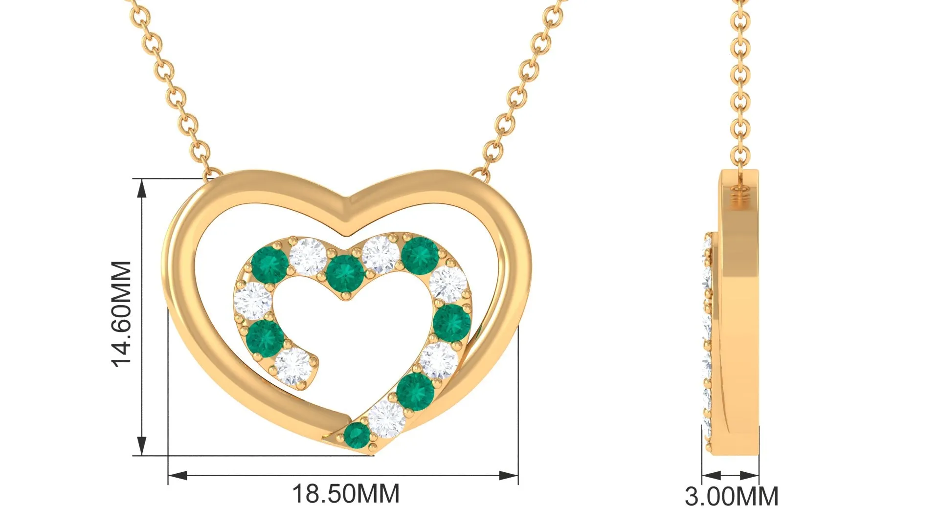 Emerald and Moissanite Twin Open Heart Necklace in Gold