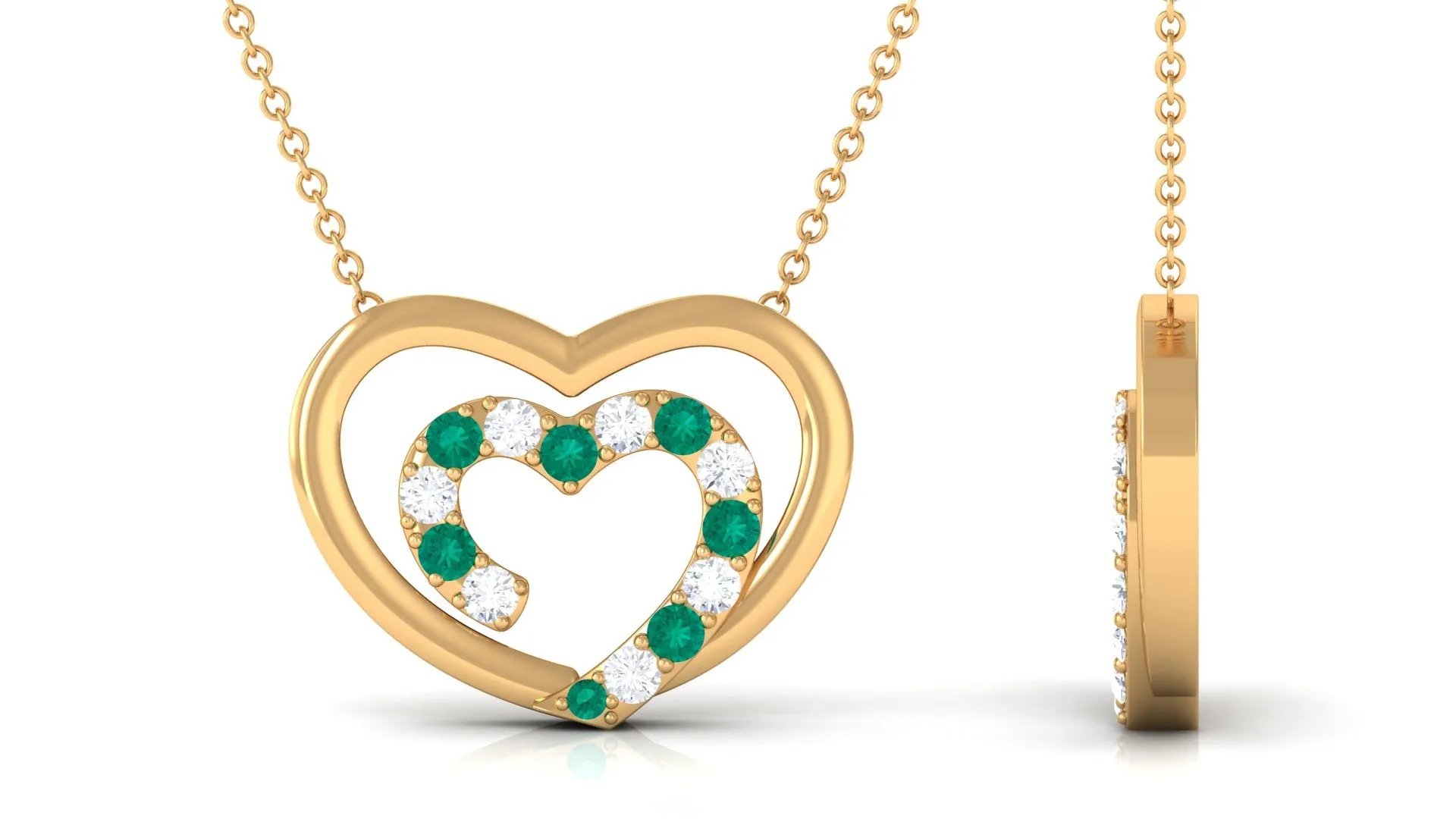 Emerald and Moissanite Twin Open Heart Necklace in Gold
