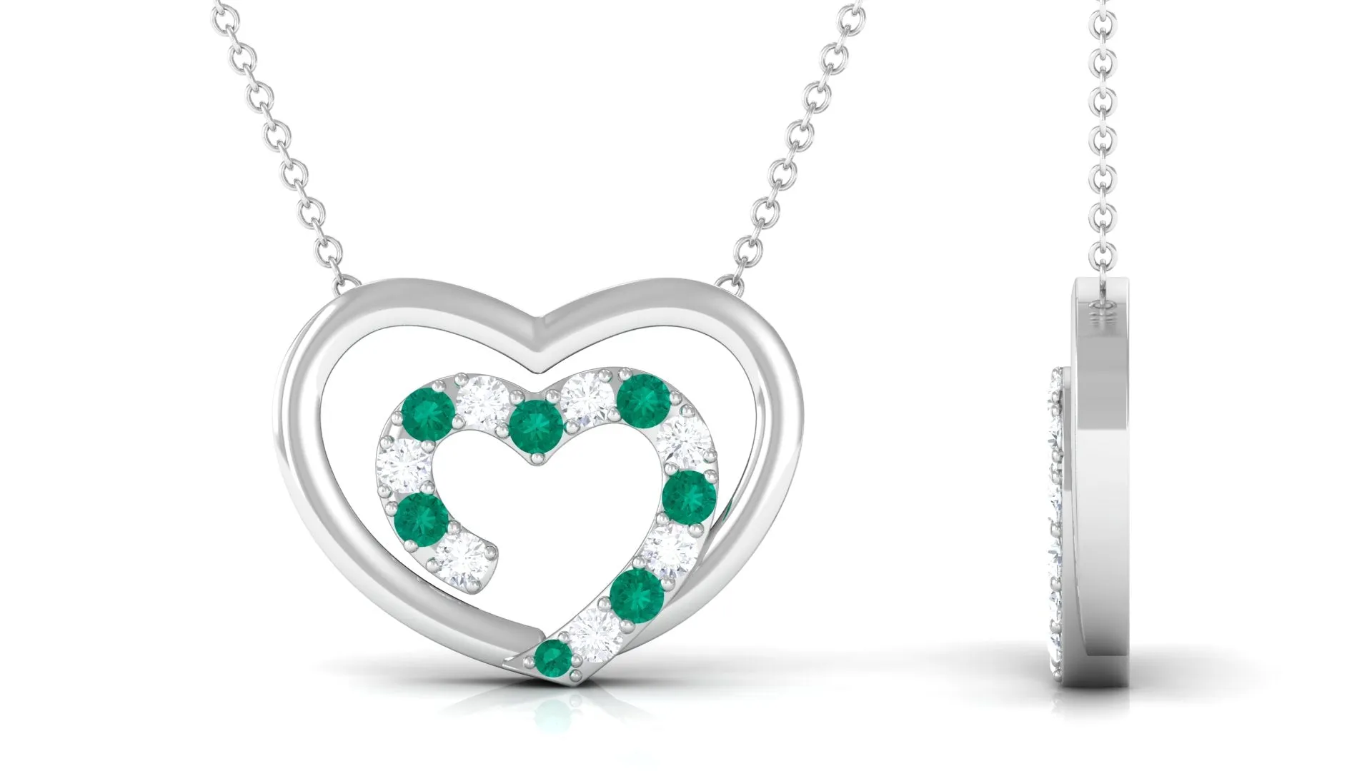 Emerald and Moissanite Twin Open Heart Necklace in Gold