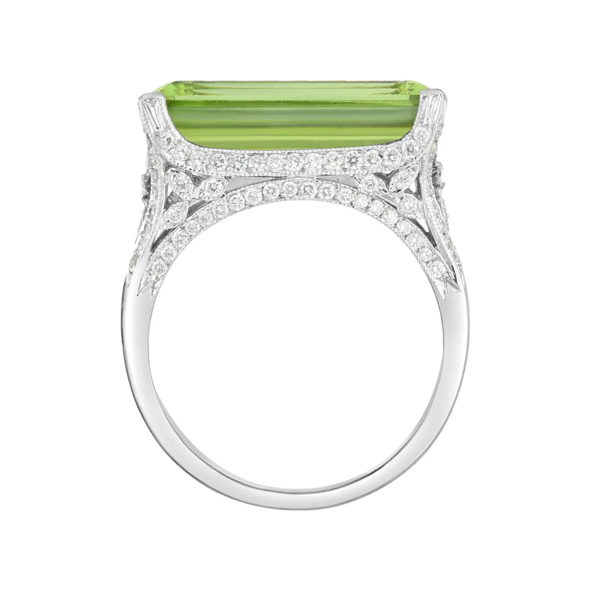 Emerald-cut Peridot and Diamond Ring