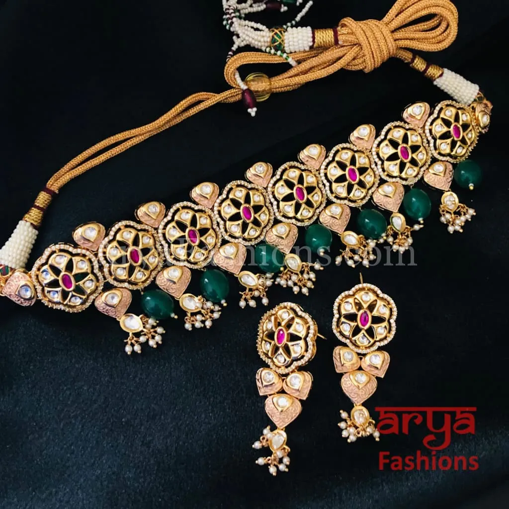 Emerald Pacchi Kundan Choker Necklace/ Rajwadi Meenakari Necklace
