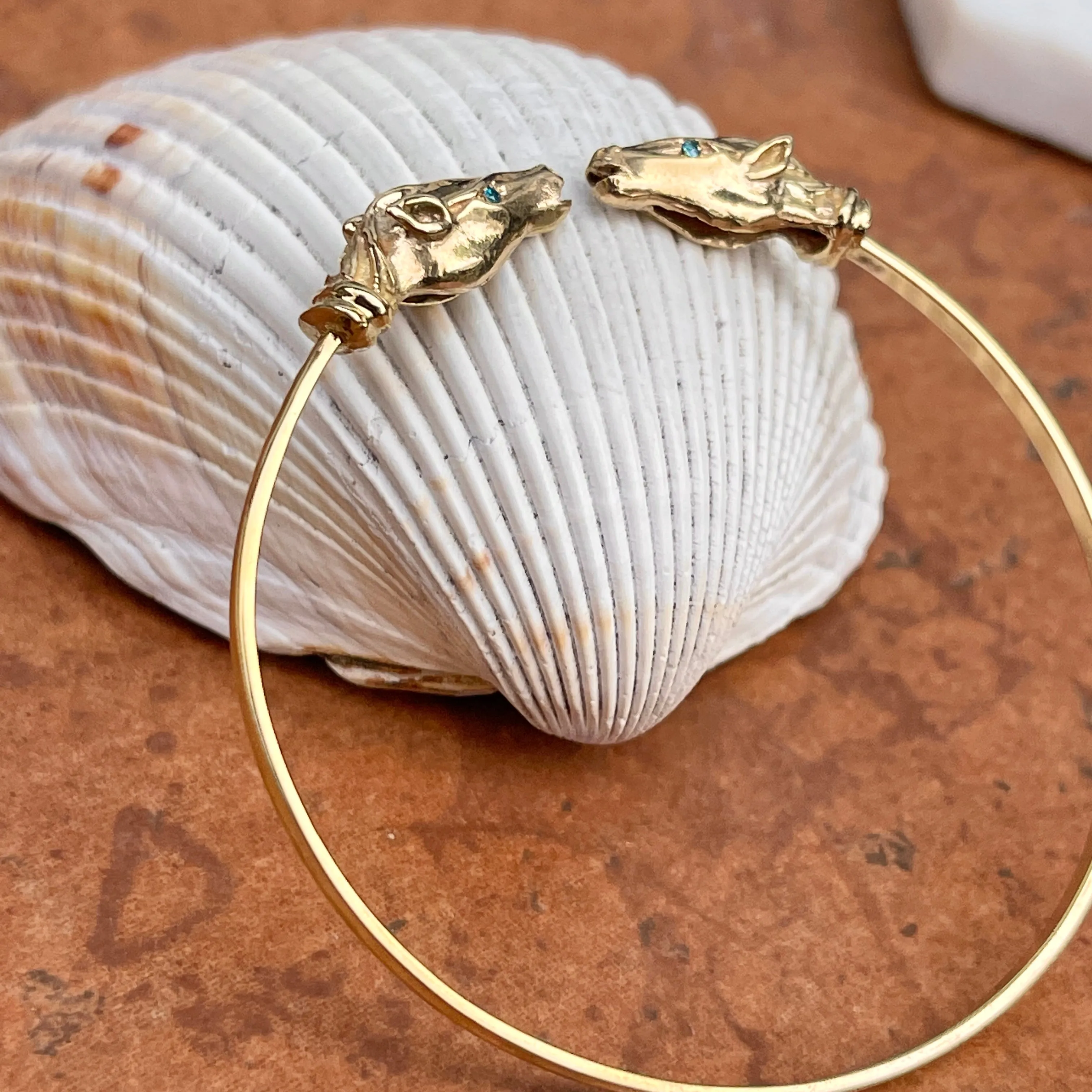 Estate 14KT Yellow Gold Double Horse Head Blue Topaz Bangle Cuff Bracelet