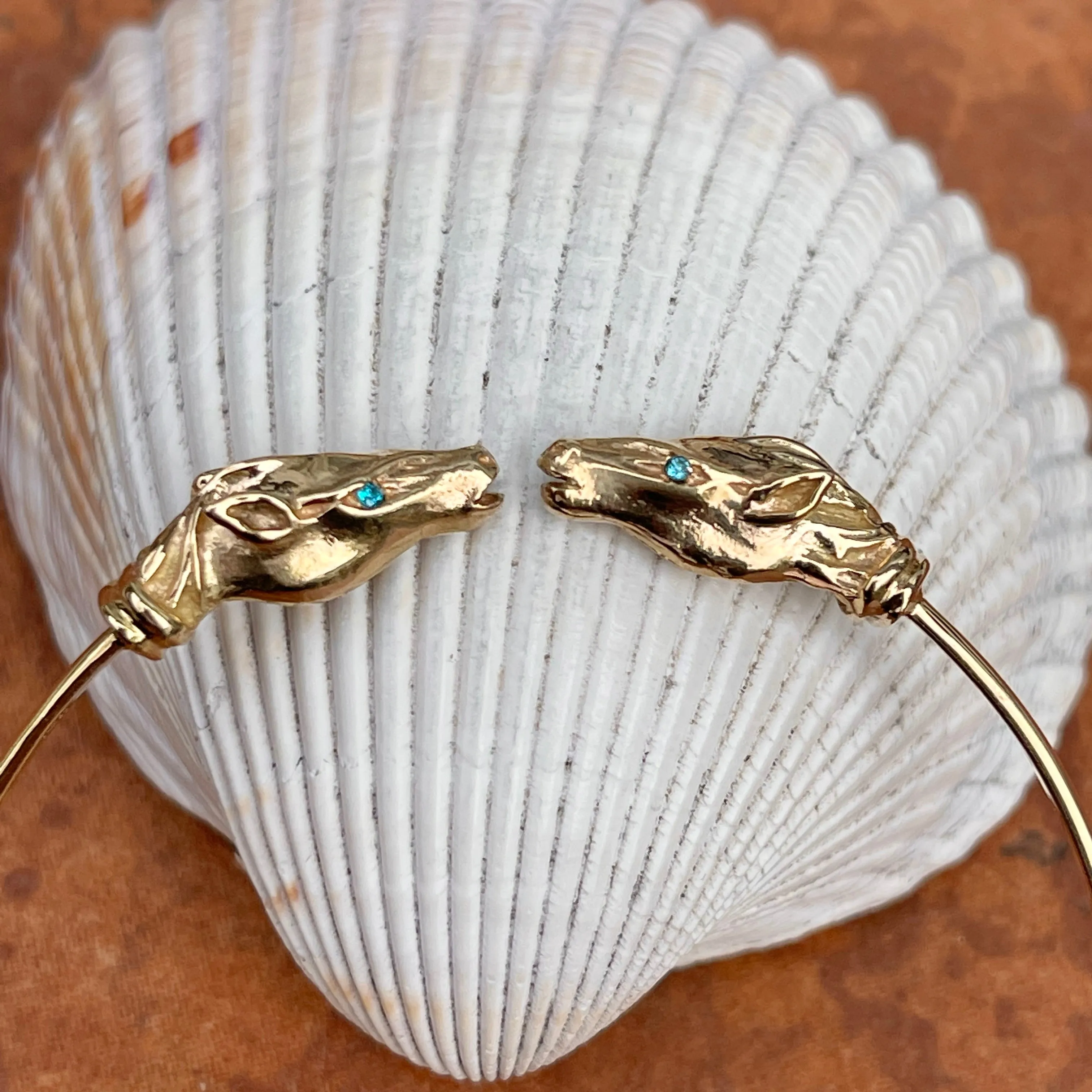 Estate 14KT Yellow Gold Double Horse Head Blue Topaz Bangle Cuff Bracelet