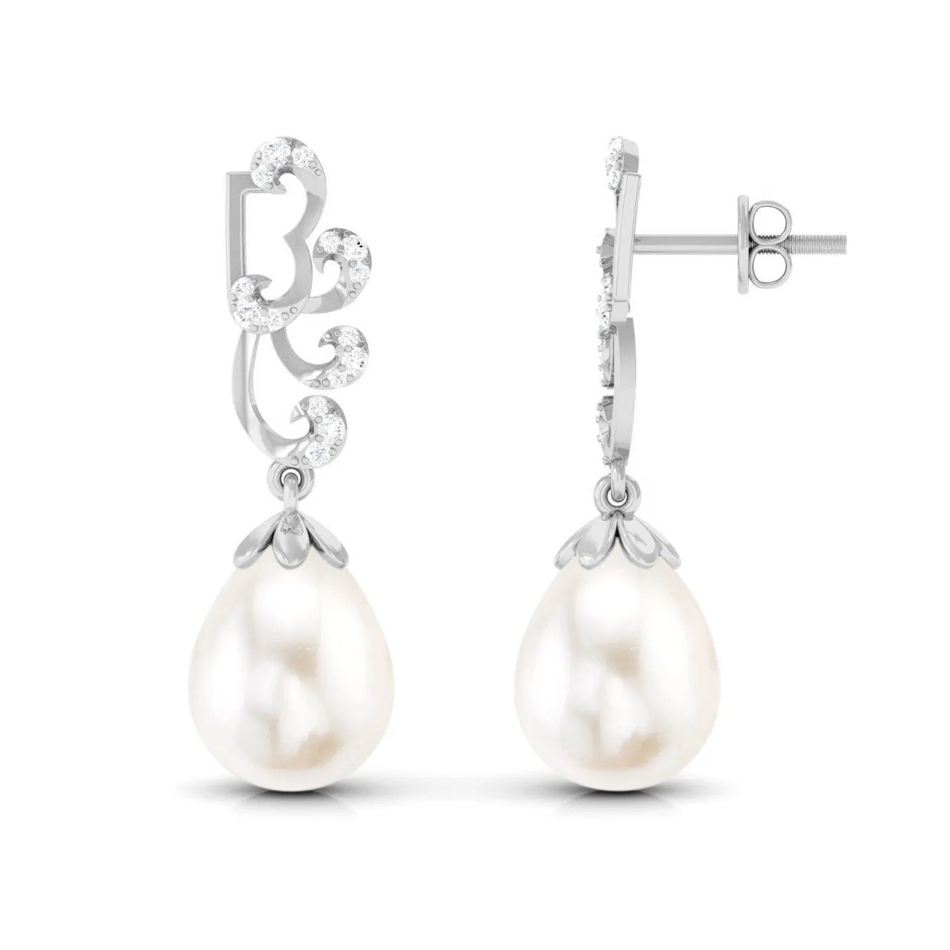 Freshwater Pearl Drop Earrings with Diamond Stones