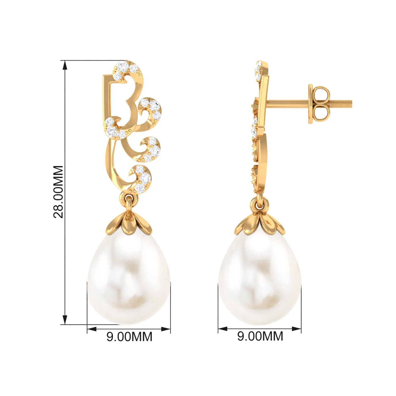 Freshwater Pearl Drop Earrings with Diamond Stones