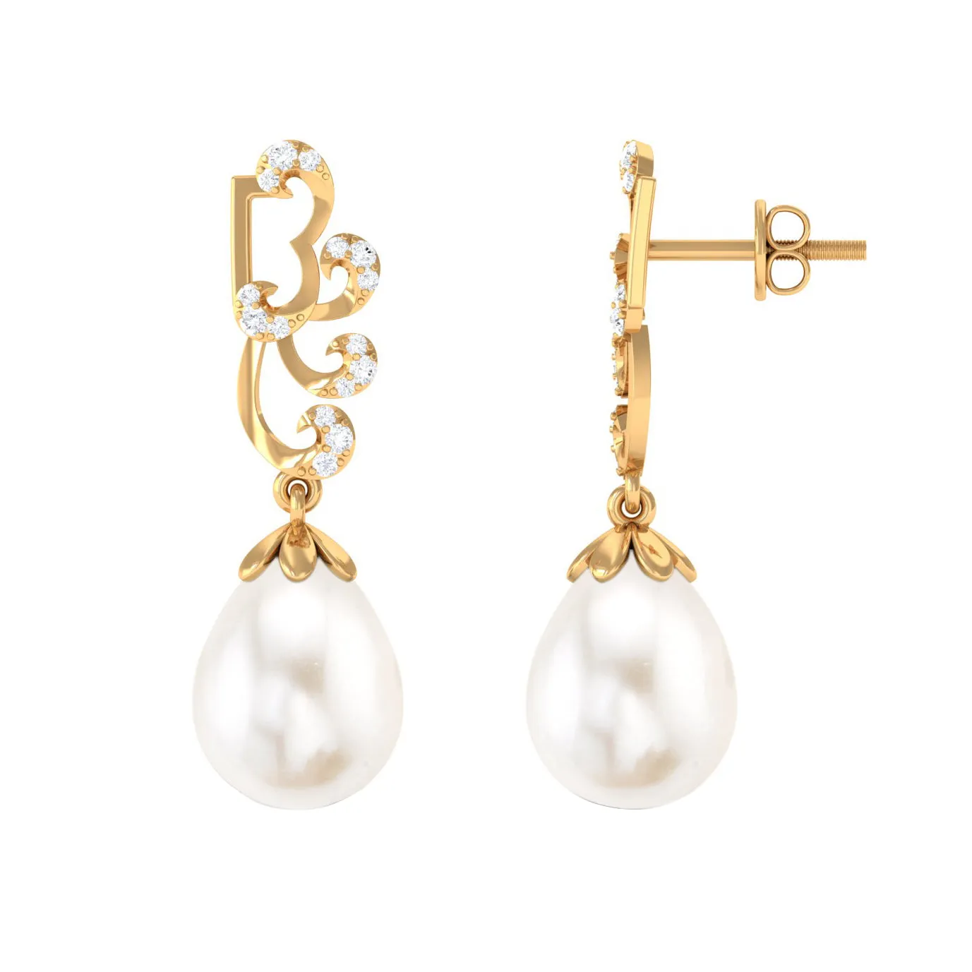 Freshwater Pearl Drop Earrings with Diamond Stones