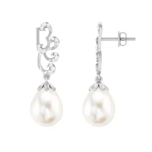 Freshwater Pearl Drop Earrings with Diamond Stones