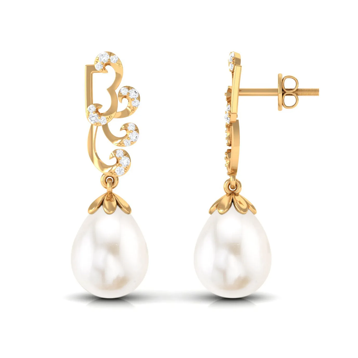 Freshwater Pearl Drop Earrings with Diamond Stones