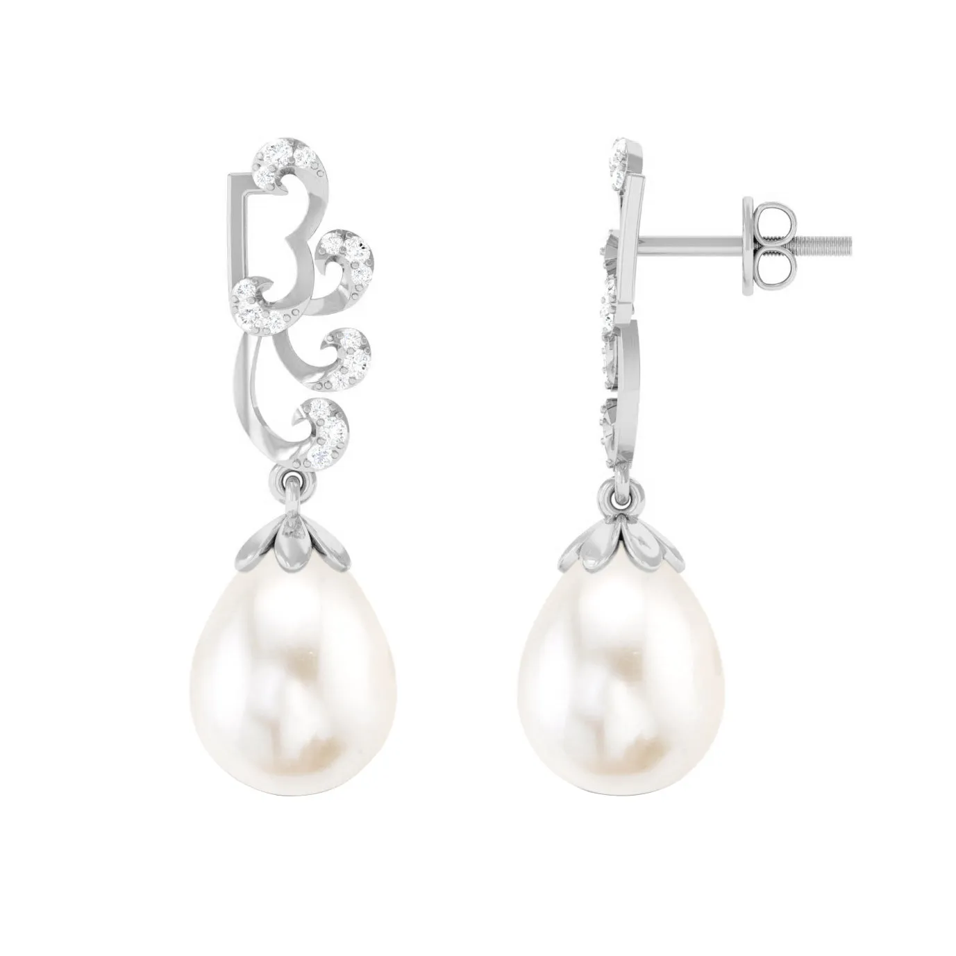 Freshwater Pearl Drop Earrings with Diamond Stones