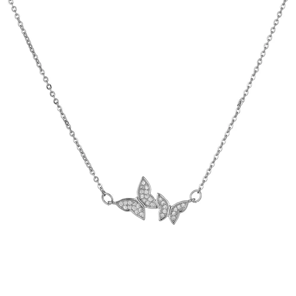 Full Zircon Double Butterflies Pendant Silver Necklace for Women