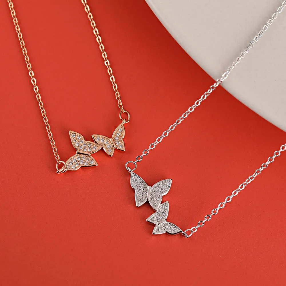 Full Zircon Double Butterflies Pendant Silver Necklace for Women