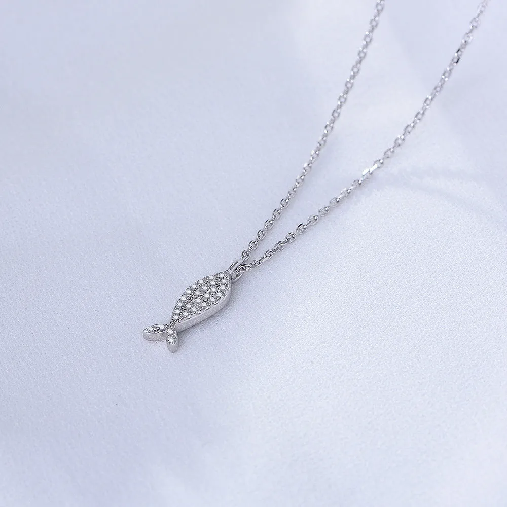 Full Zircon Small Fish Pendant Sterling Silver Necklace for Women