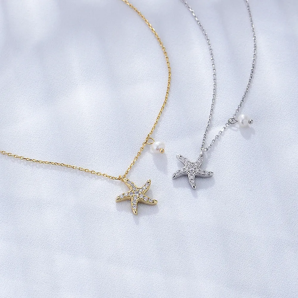 Full Zircon Starfish with Pearl Sterling Silver Collarbone Necklace for Women