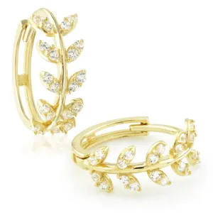 Gem Leaf Huggie Hoop Earrings - Gold - TLEH7