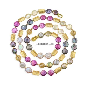 Genieva multicolor coin pearls necklace with gold accents