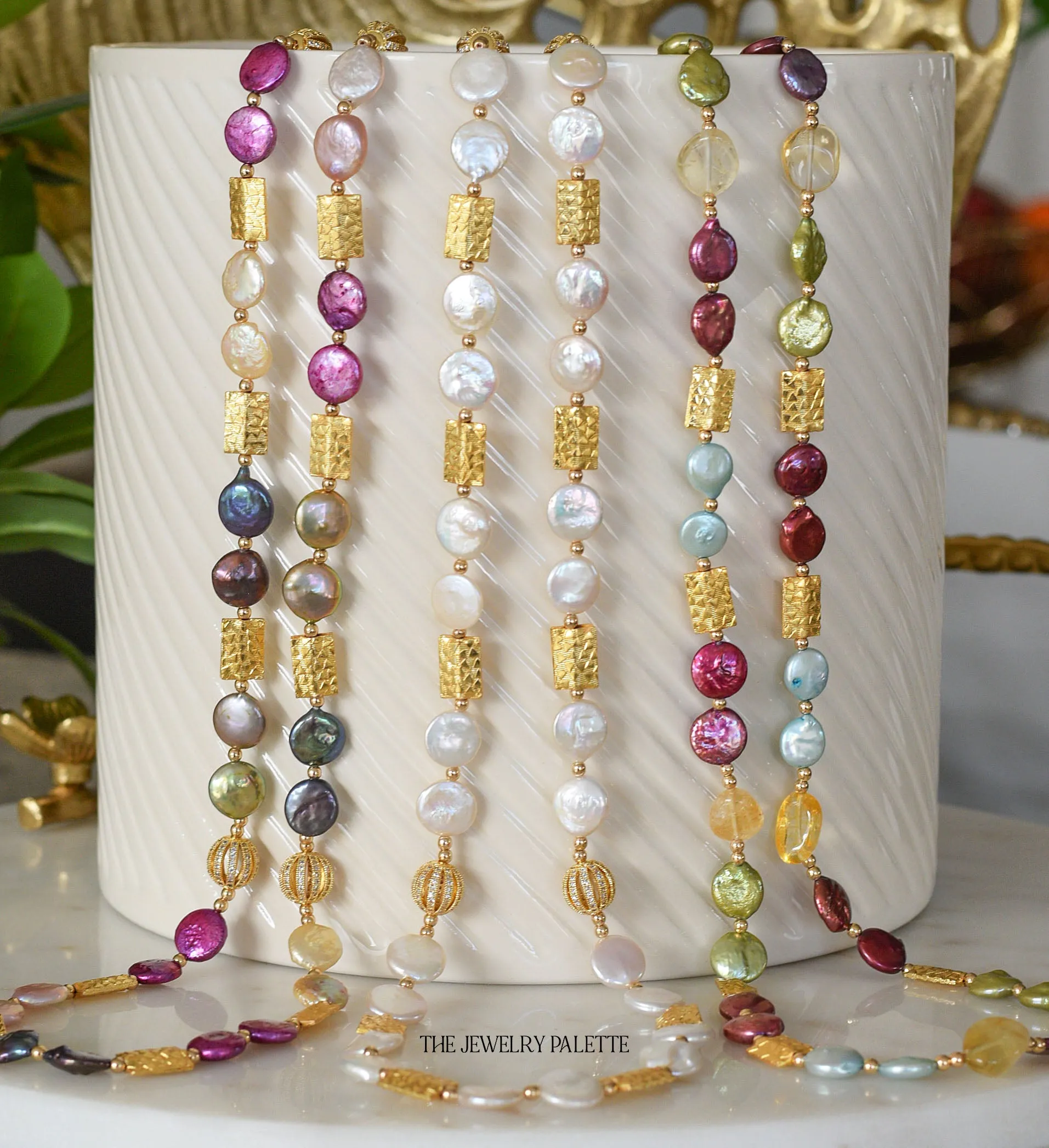 Genieva multicolor coin pearls necklace with gold accents