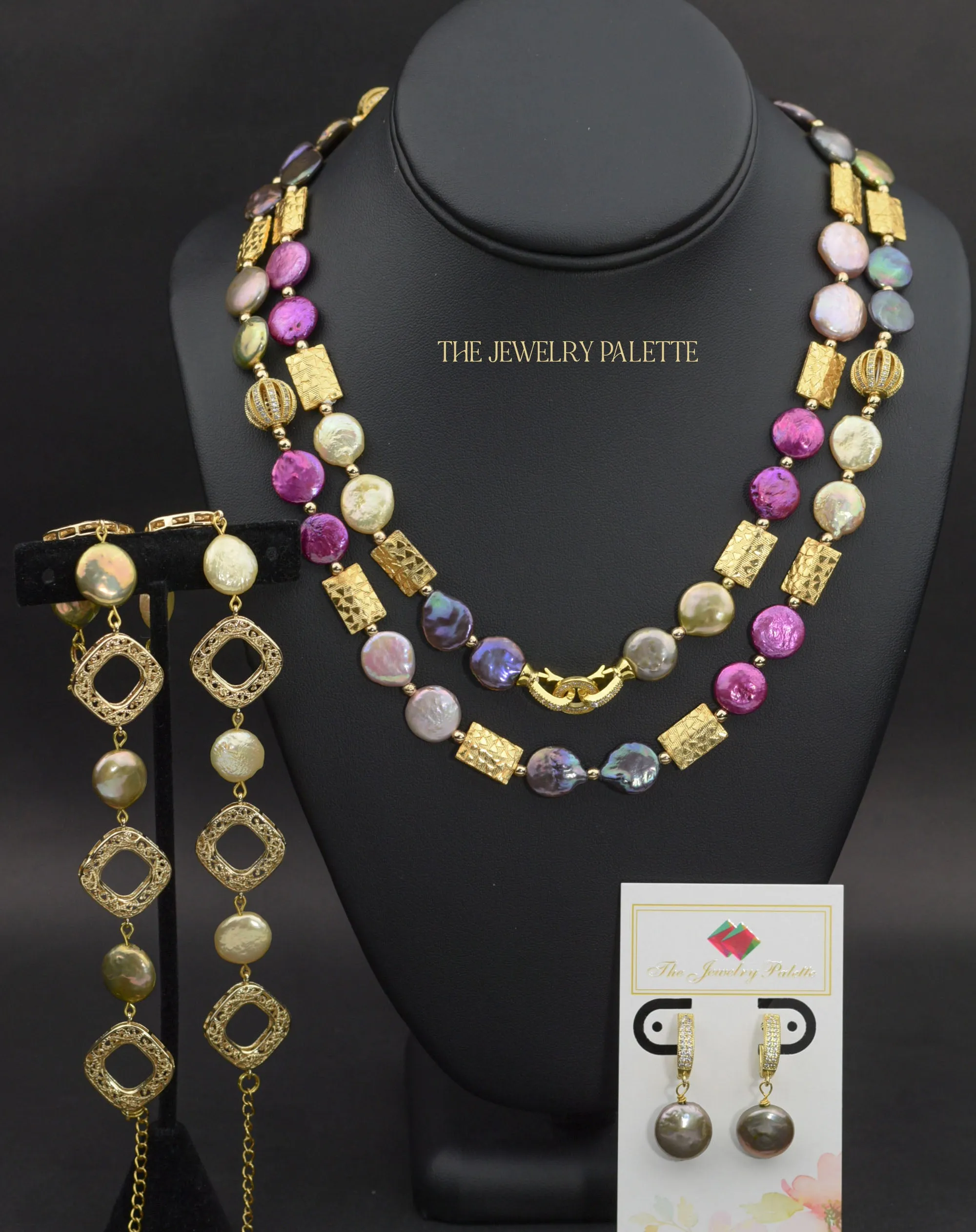 Genieva multicolor coin pearls necklace with gold accents