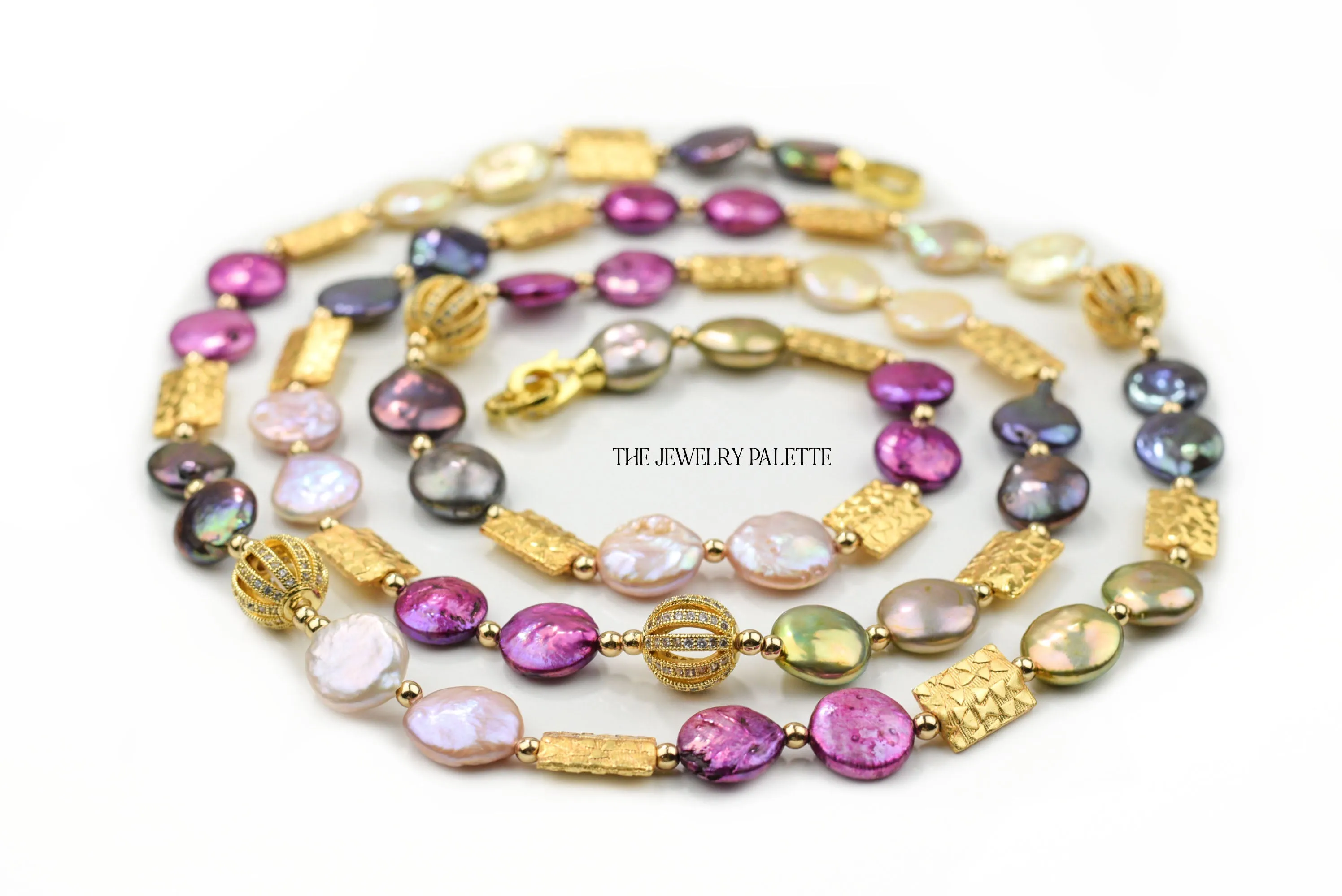 Genieva multicolor coin pearls necklace with gold accents