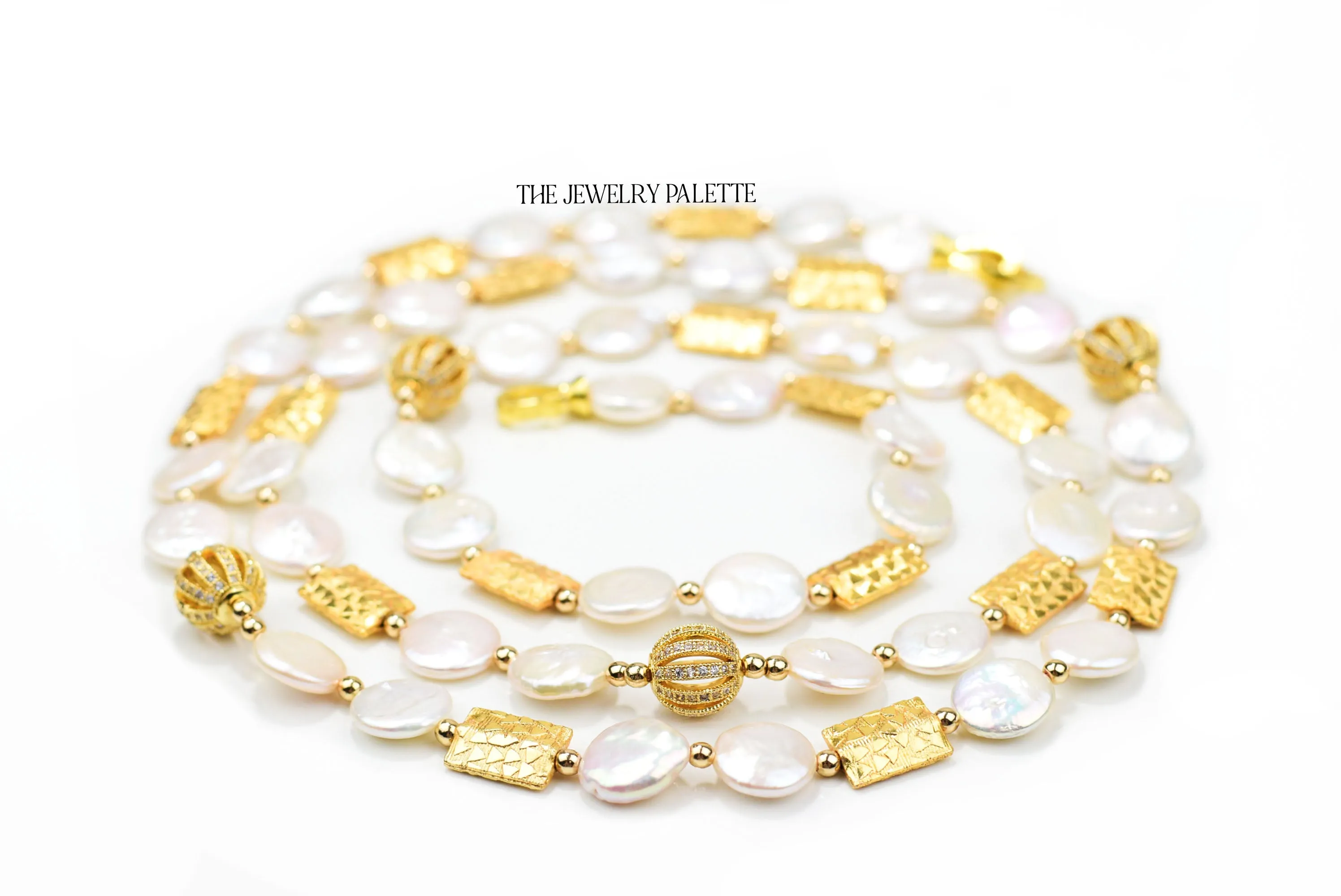 Genieva white coin pearl necklace with gold accents