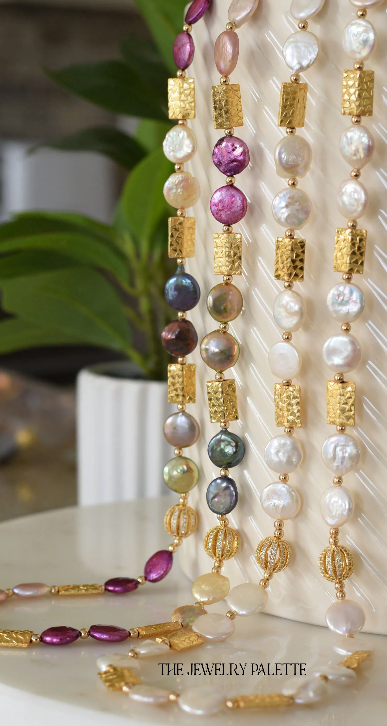 Genieva white coin pearl necklace with gold accents