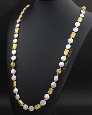 Genieva white coin pearl necklace with gold accents