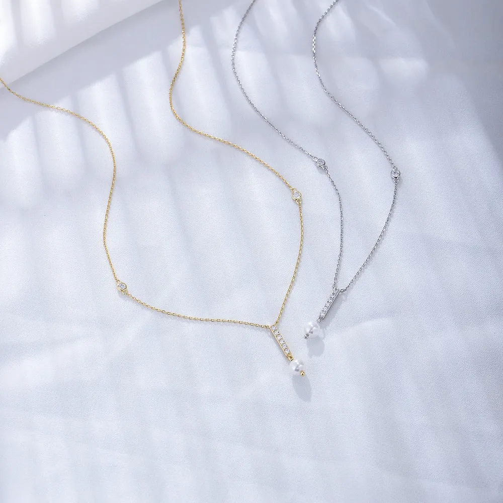 Geometric Tassel Pearl with Zircon Sterling Silver Necklace  for Women