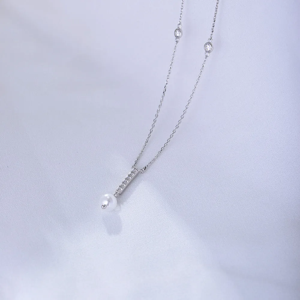 Geometric Tassel Pearl with Zircon Sterling Silver Necklace  for Women