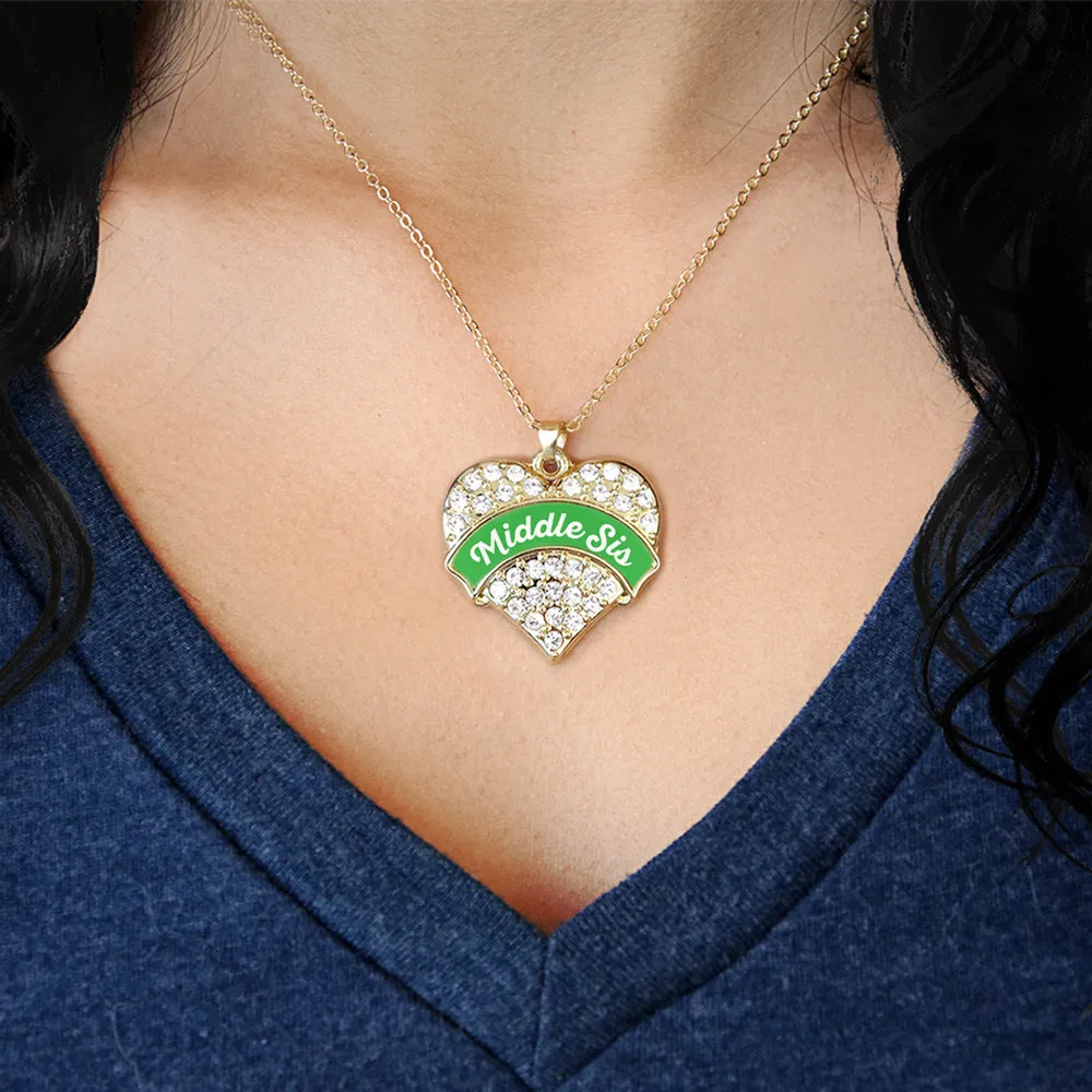 Gold Emerald Green Middle Sister Pave Heart Charm Classic Necklace