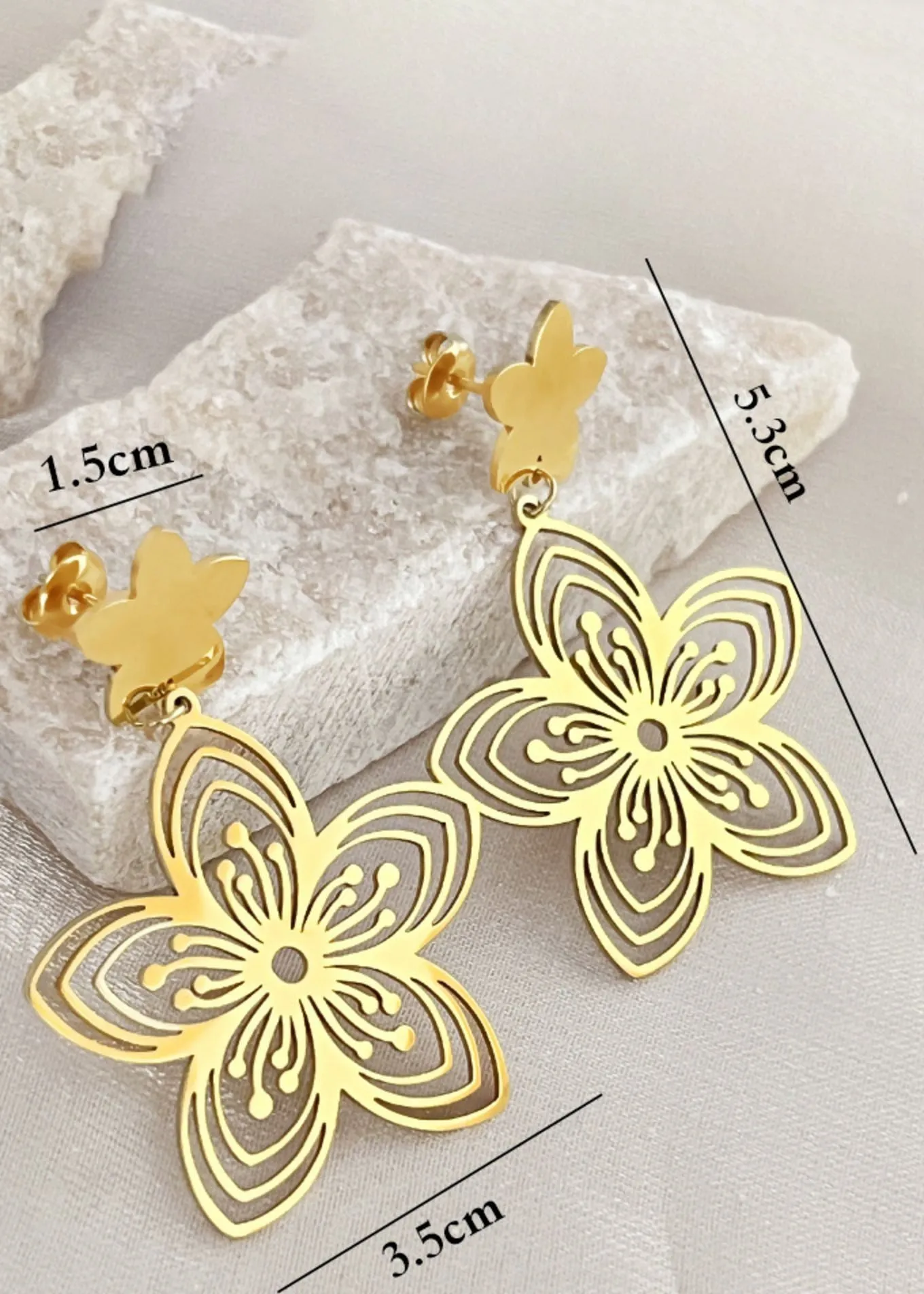 Gold Plate Stainless Steel Flower Drop Earrings