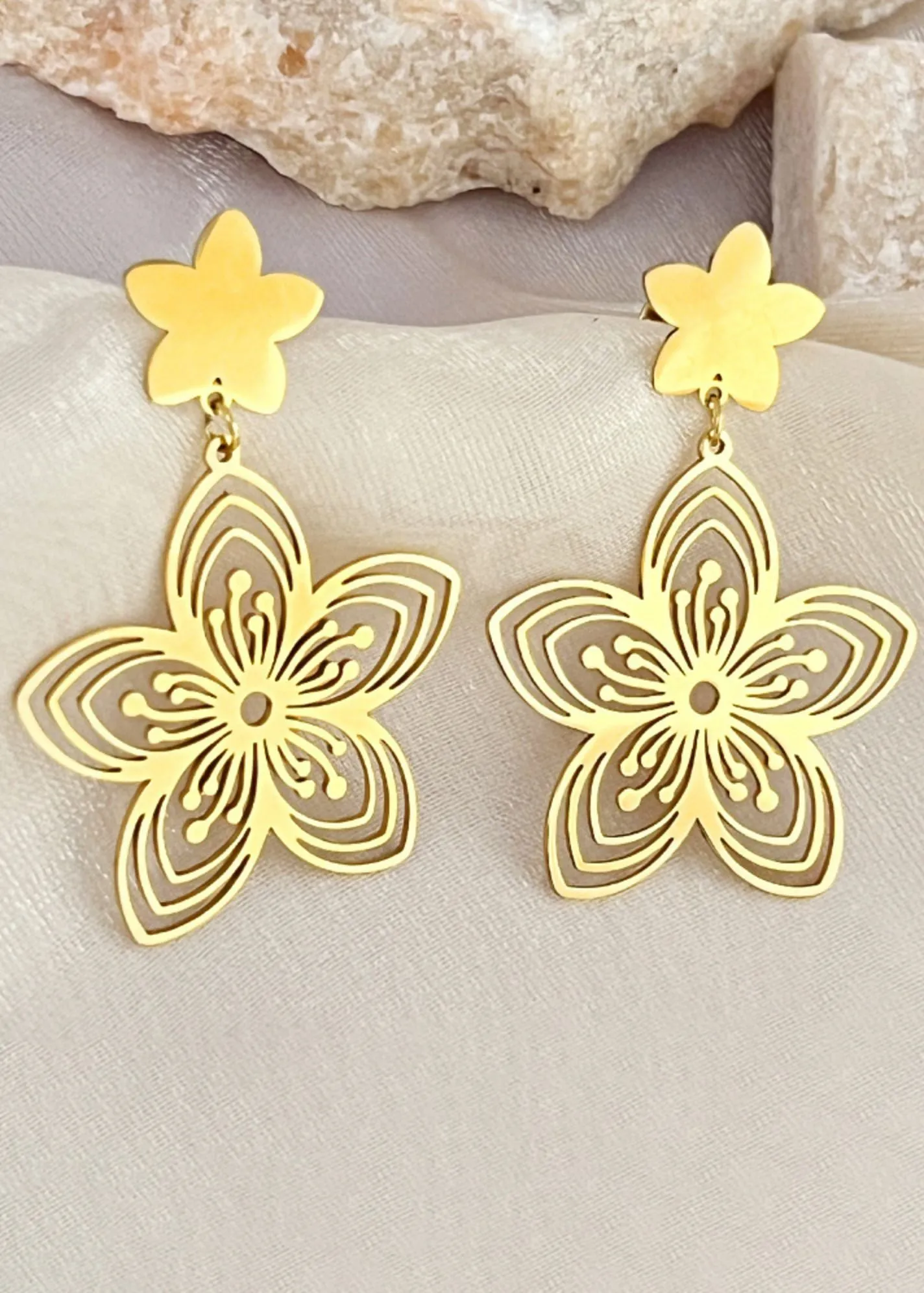 Gold Plate Stainless Steel Flower Drop Earrings