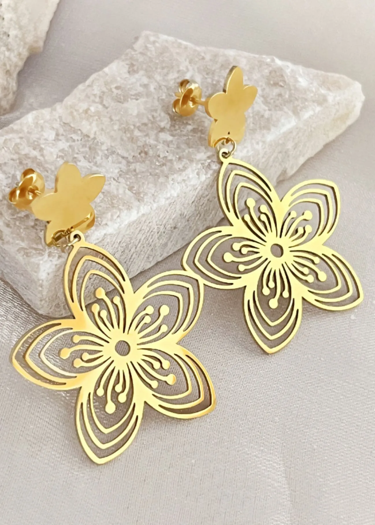 Gold Plate Stainless Steel Flower Drop Earrings