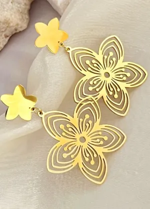 Gold Plate Stainless Steel Flower Drop Earrings