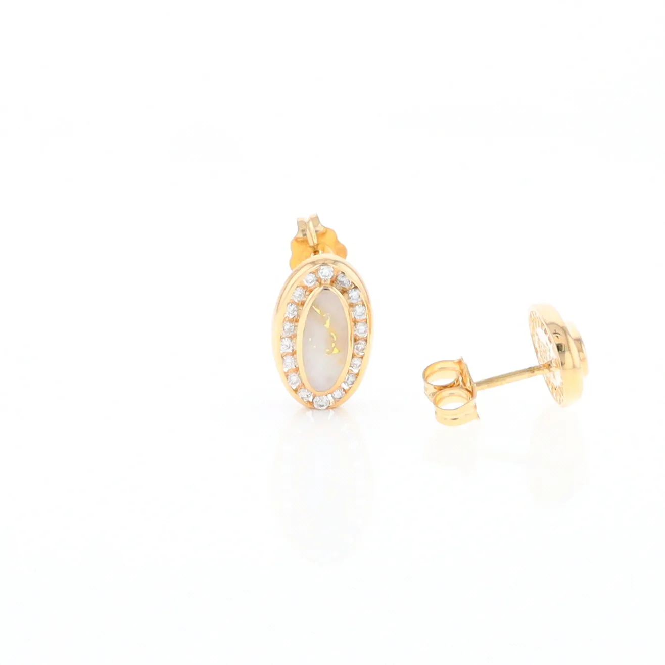 Gold Quartz Earrings Oval Inlaid with .25ctw Round Diamonds Halo