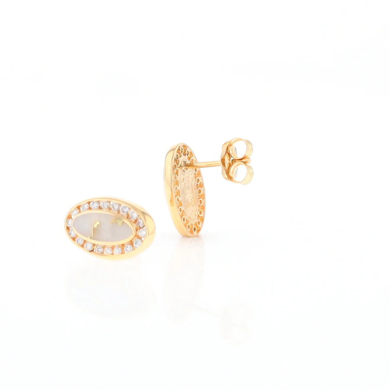 Gold Quartz Earrings Oval Inlaid with .25ctw Round Diamonds Halo