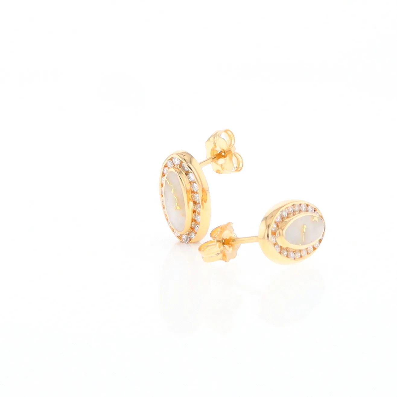 Gold Quartz Earrings Oval Inlaid with .25ctw Round Diamonds Halo